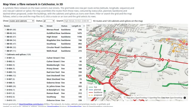 Fibre network map in 3D: Colchester demo